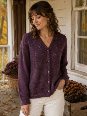 Vintage Wool Cardigan Women’s Medium Purple Embroidered Cottagecore Sweater